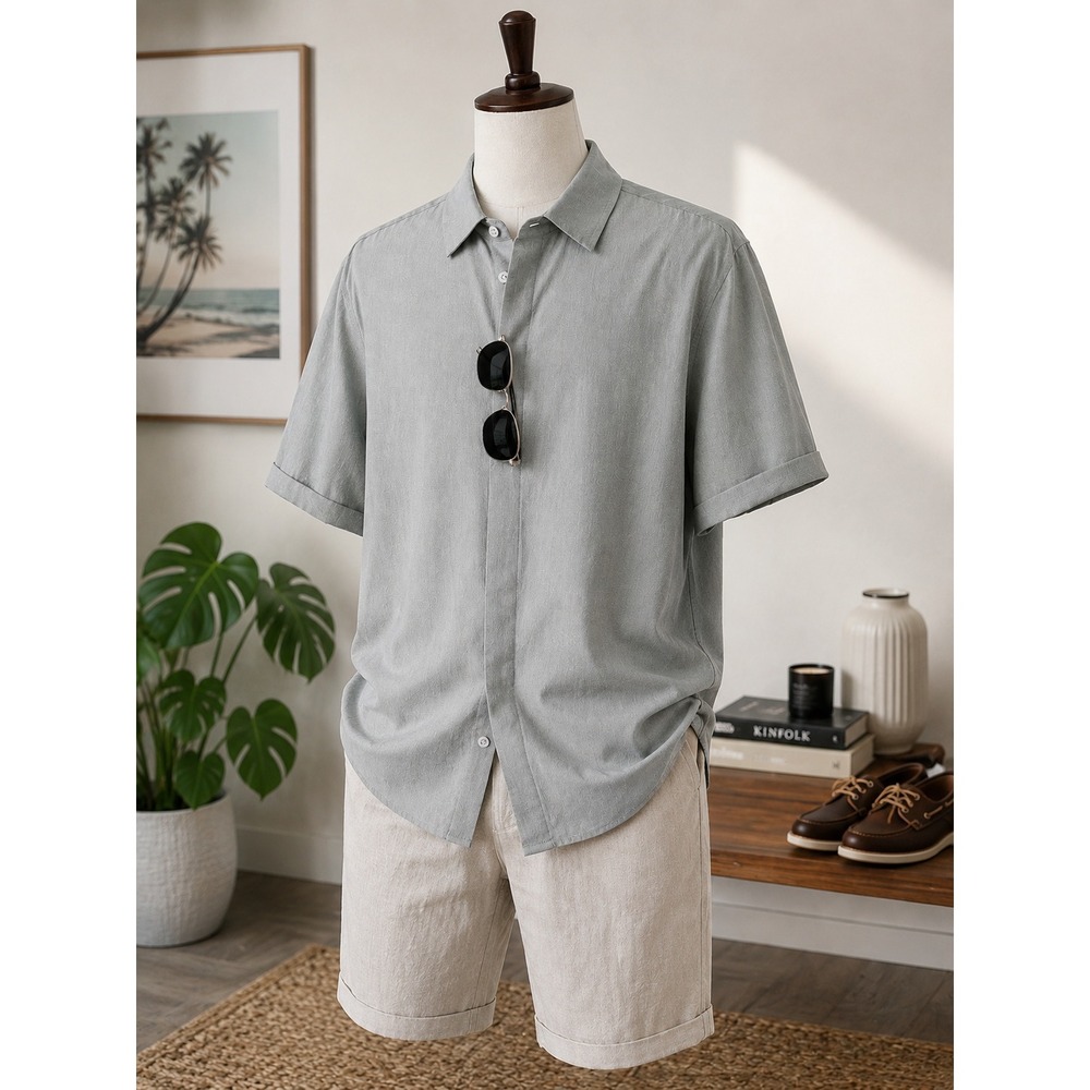 COOFANDY Men's XL Linen Blend Shirt Gray Short Sleeve Button Up Resort Coastal
